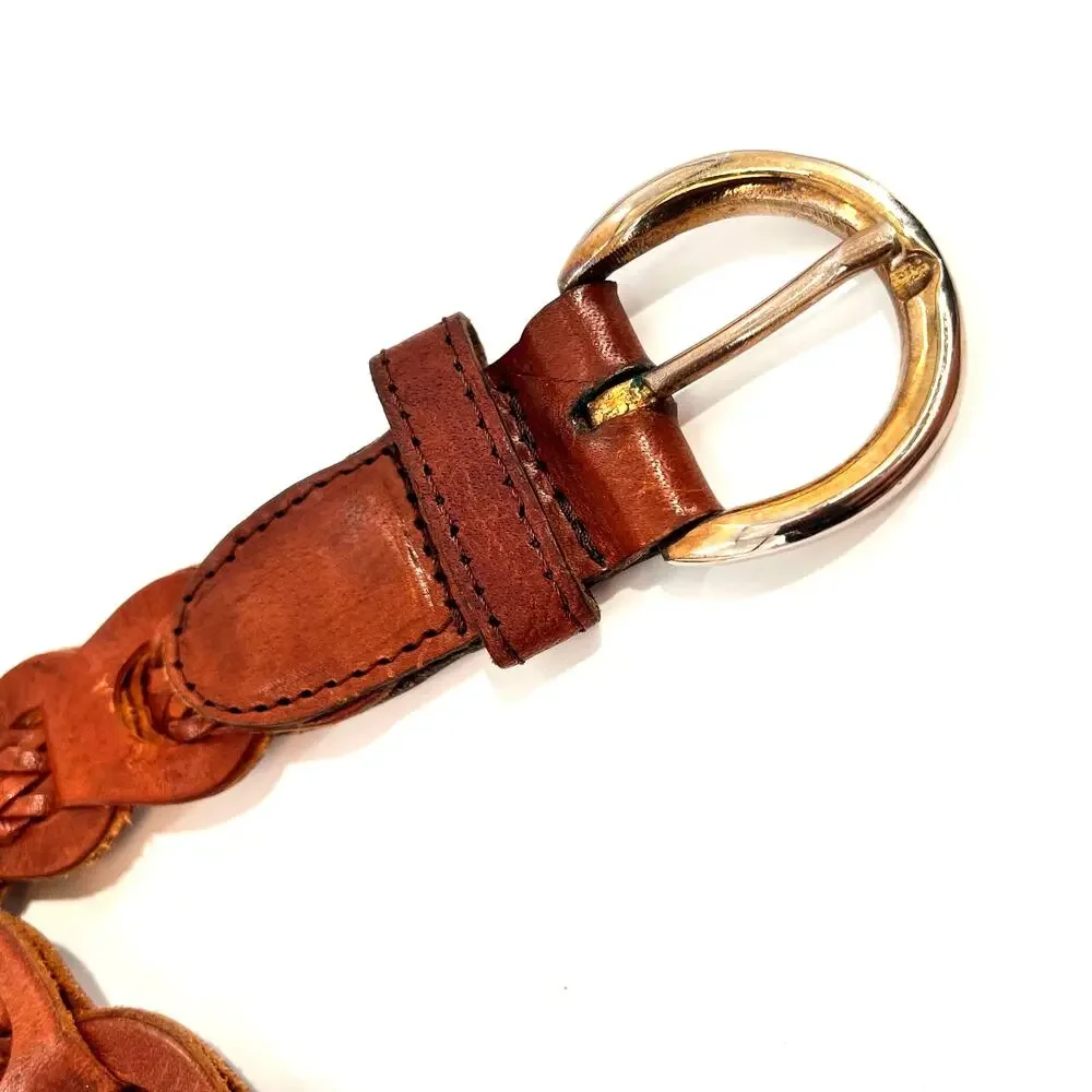 vintage women's m/l braided leather chain link belt brass gold tone buckle 39 in
